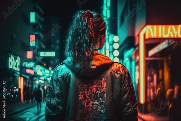 Fototapeta A woman standing in the streets of a neon city with a jacket at night, Tokyo style