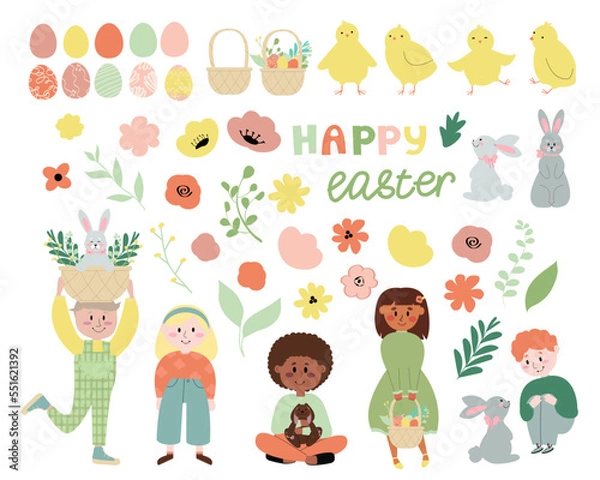 Fototapeta Happy Easter vector set.Collection of cute characters and spring decor isolated on a white background. Children boys and girls celebrate Easter.