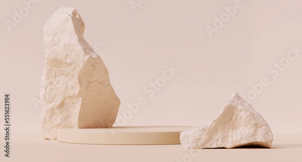 Fototapeta Premium natural product presentation beige background with stones and geometric platform 3d rendering.