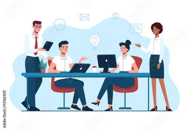 Obraz Business people work together in the office, discuss ideas for a project. Vector illustration of teamwork, brainstorming. Team of office employees. flat style, isolated background.