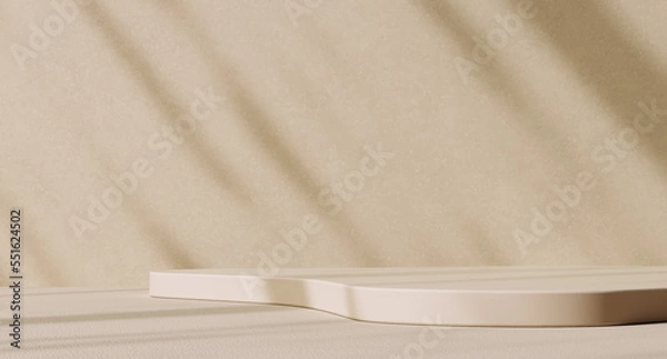 Fototapeta Empty room wall with texture tropical leaves shadow, minimal pastel beige summer abstract background for product presentation and object display. 3d rendering
