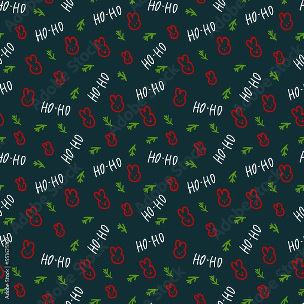 Fototapeta New Year's background with hares and New Year's letters. Merry Christmas and Happy New Year for posters, holiday covers. In a doodle background of Christmas trees and hares. Vector illustration