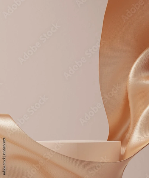 Fototapeta Luxury background for branding and product presentation. Beige color podium on gold fabric flying wave. 3d rendering illustration.