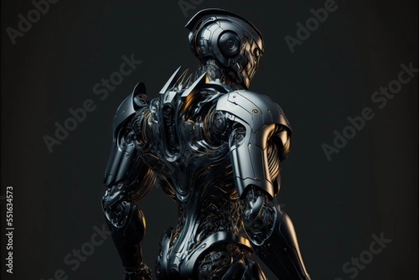 Fototapeta Black robot android cyborg isolated on black background. Futuristic character design, back view.