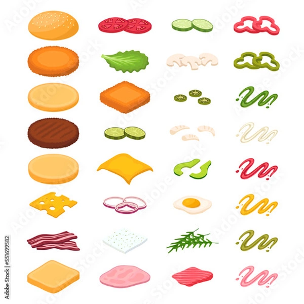 Fototapeta Burger constructor. Sandwich ingredients set. Fast food restaurant website menu. Isometric bun, bread slice, vegetables, meat and fish, sauce food. Tomatoes, mustard and cheese, beef, salmon, lettuce