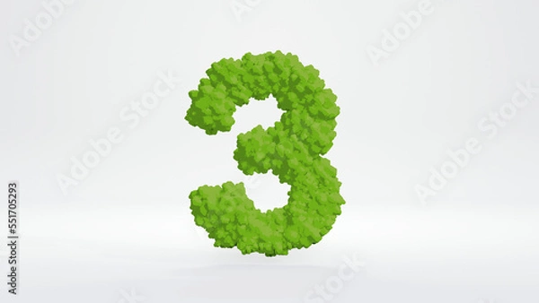 Fototapeta 3D illustration of number three. Cute green bush style, isolated on white background with clipping path. 