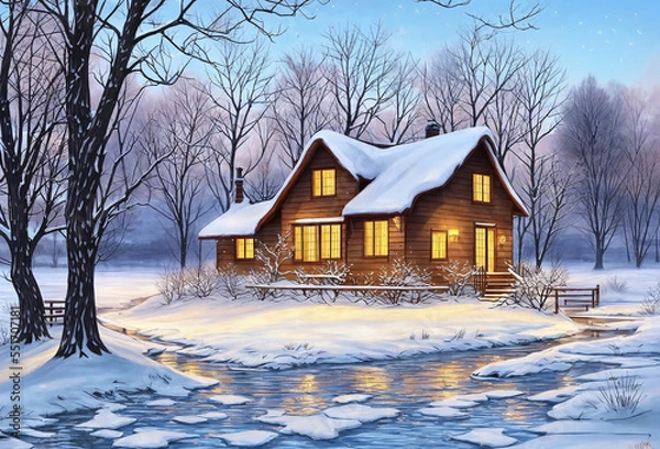 Fototapeta house in the snow by the river, digital illustration