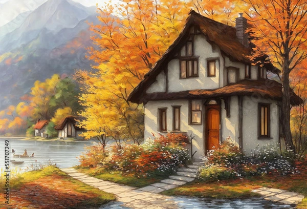 Fototapeta Small cottage by the lake in autumn, digital painting scenery