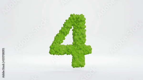 Fototapeta 3D illustration of number four. Cute green bush style, isolated on white background with clipping path. 
