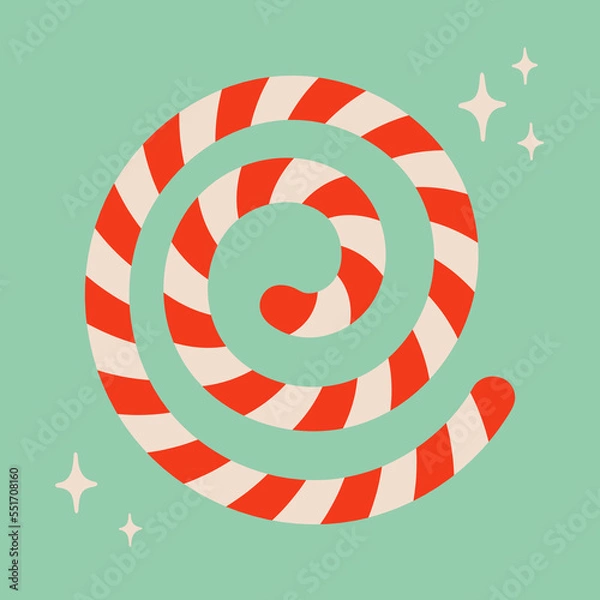 Obraz Christmas lollipop candy cane illustration. Striped spiral shape isolated on blue background. Cute xmas concept, holiday greetings. Great for Christmas and New Year party design.