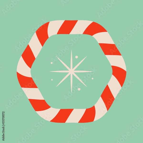 Fototapeta Hexagon shaped Christmas candy illustration. Striped Christmas ornament on ice blue background. Snowflake symbol. Cute xmas concept, holiday greetings. Great for Christmas and New Year party design.