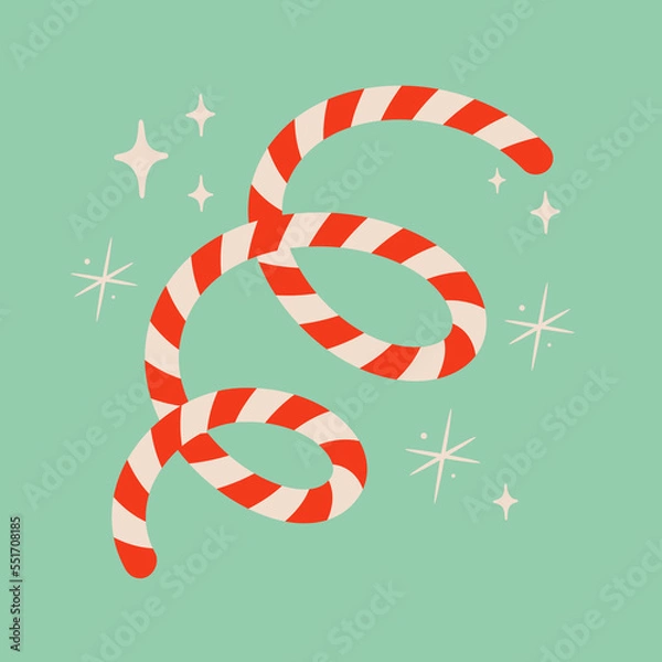 Fototapeta Christmas candy cane illustration. Snowflakes and sparkles. Striped helical shape isolated on blue background. Cute xmas concept, holiday greetings. Great for Christmas and New Year party design.