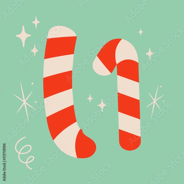 Fototapeta Set of two Christmas candy canes. Snowflake and sparkles. Cute xmas concept. Striped christmas illustration.