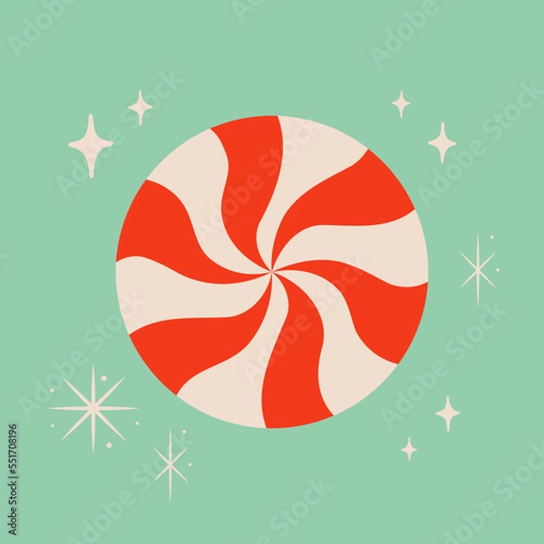 Fototapeta Christmas peppermint swirl candy vector illustration on blue background. Snowflake symbol and sparkles. Cute xmas concept, holiday greetings. New Year party design.