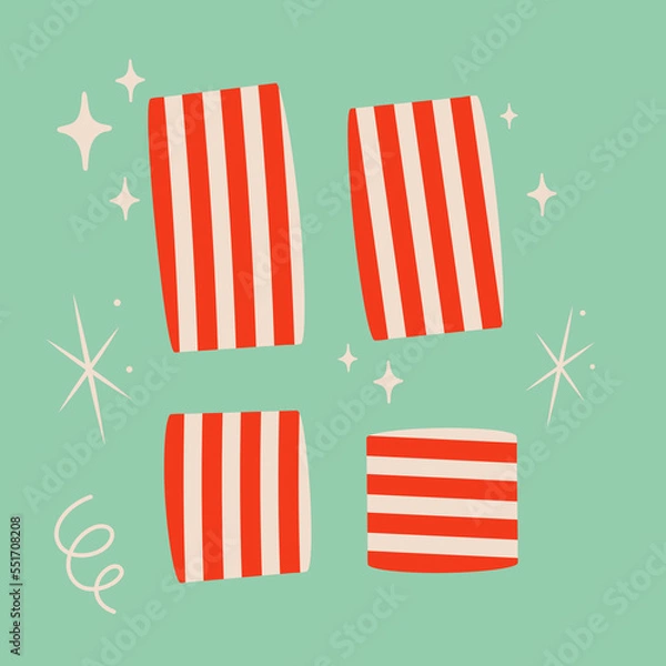 Fototapeta Christmas peppermint candy vector illustration on blue background. Snowflake symbol and sparkles. Cute xmas concept, holiday greetings. New Year party design.