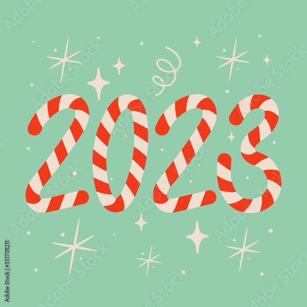 Fototapeta New Year 2023 in shape of candy stick isolated on ice blue. Striped holiday candies vector illustration. Snowflakes, sparkles and shines. Xmas concept.