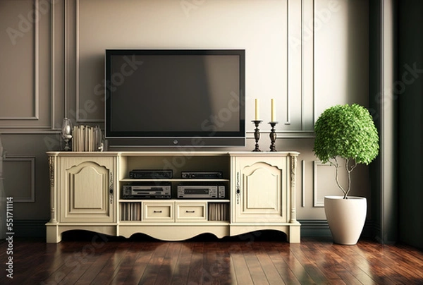 Fototapeta Tv cabinet with wood flooring and a cream colored wall.. Generative AI