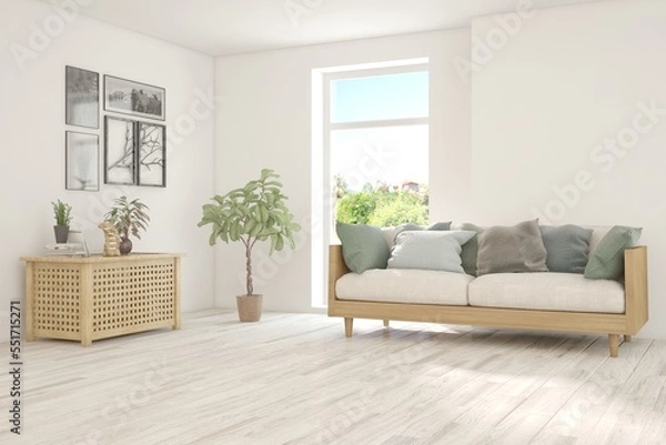 Fototapeta White living room with sofa and summer landscape in window. Scandinavian interior design. 3D illustration