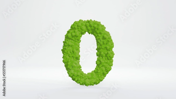 Fototapeta 3D illustration of number zero. Cute green bush style, isolated on white background with clipping path. 