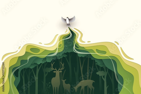 Fototapeta Flying bird in natural forest layered shape wavy background in paper cut style