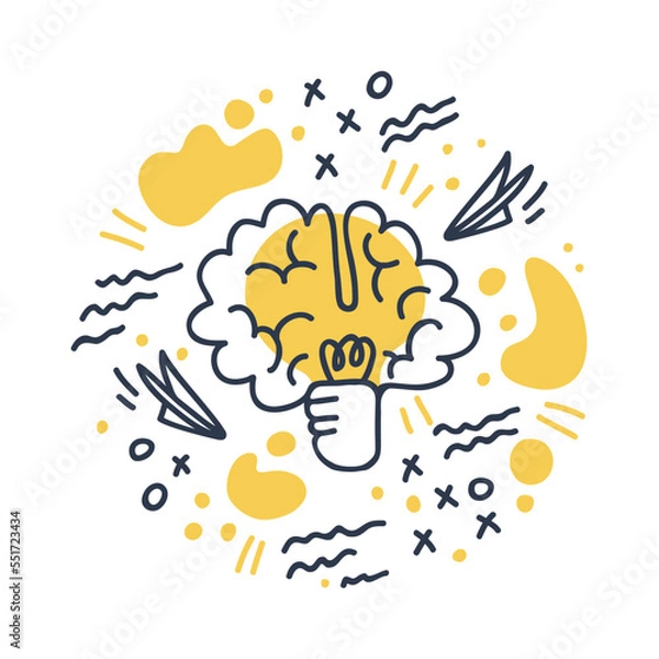 Fototapeta Symbol of mental development, intellect, logical thinking and generating ideas. Paper planes, illegible handwriting. Tic-tac-toe game. World day of logic. Illustration in cartoon style.