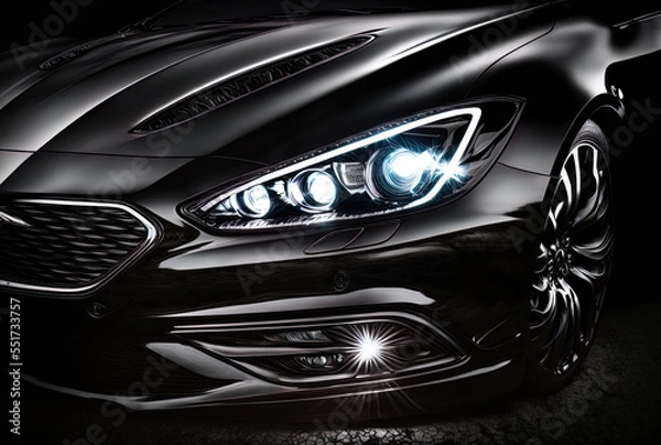 Fototapeta LED headlight of a black car. Generative AI