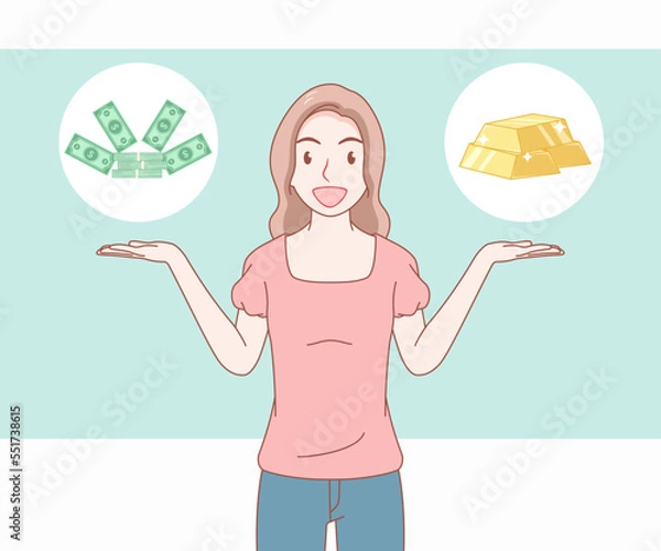 Fototapeta smiling long hair woman wearing t shirt she raised and open hand palm showing money and gold. girl looked excited and surprised. hand drawn with thin lines style.