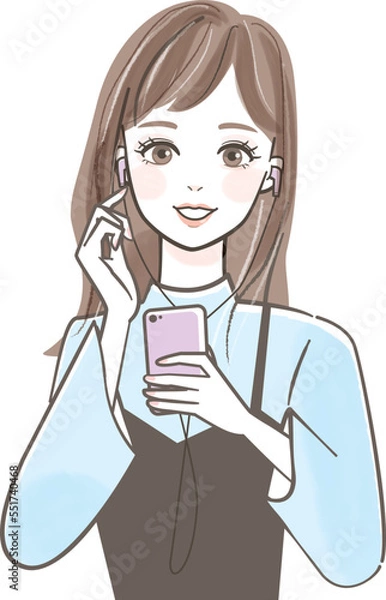 Fototapeta スマホで音楽を聴く若い女性のイラスト素材
