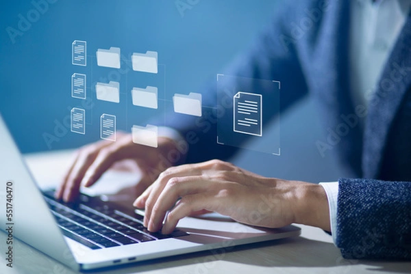 Obraz Document Management System (DMS) Online Document Database and automated processes to manage files, knowledge, and documents in an organization effectively with ERP, enterprise business technology.