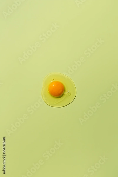 Fototapeta Raw egg yolk on a green background. View from above