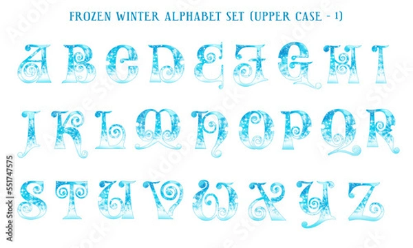 Fototapeta Frozen winter watercolor alphabet set, includes letters (uppercase and lowercase), numbers, and symbols. 