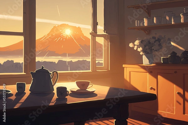 Fototapeta Dawn Road Views. Clear Sunny day, Sky with Movie Atmosphere and Wonderful Cloud, Beautiful Colorful Landscape, Anime Comic Style Art. For Poster, Novel, UI, WEB, Game, Design