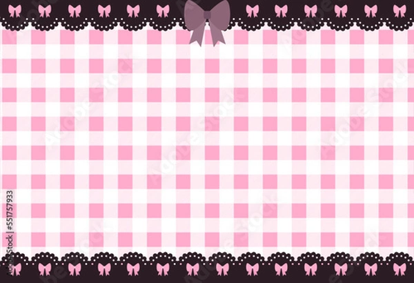 Fototapeta Cute pink kawaii horizontal background with gingham check and dark lace borders with bows