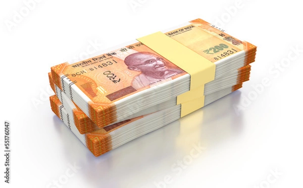Obraz Indian Rupee 200 Currency Note Bundles isolated on White Background - 3D Illustration
