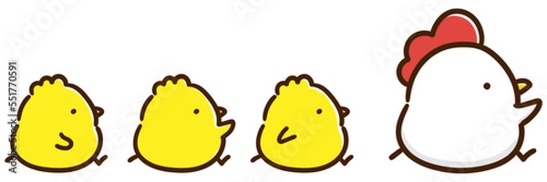 Obraz 右方向へ並んで進むかわいいにわとりとひよこ親子のかわいいイラスト
