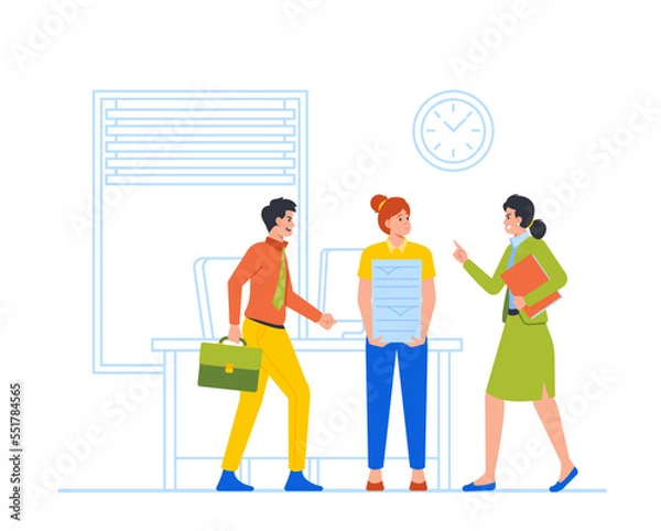 Fototapeta Blame, Accusing in Office Concept. Woman Victim Of Social Bullying in Office. People Pointing At Sad Depressed Character