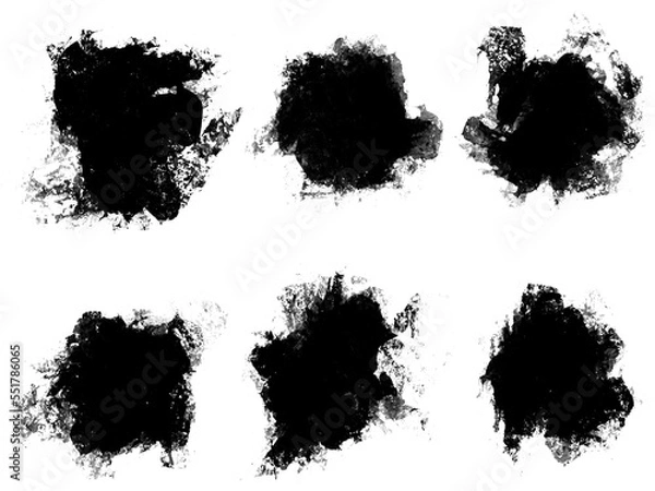 Obraz Set of abstract black brush stroke smudges, isolated object illustration with transparent background, random splash of black paint, masking shapes for manipulation purposes