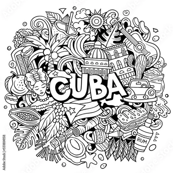 Fototapeta Cuba cartoon doodle illustration. Funny Cuban design