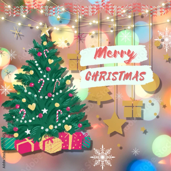 Fototapeta Merry Christmas card with beautiful decore