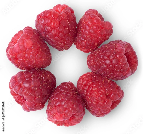 Obraz Fresh raw raspberries circle isolated on white.