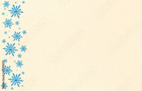 Obraz Winter beige pink saturated bright background with random blue snowflakes left side. Christmas, New Year card with copy space.