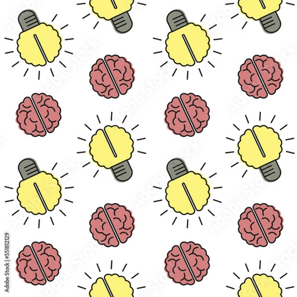 Fototapeta Seamless pattern with stylized electric bulbs and brains. Symbol of mental development, intellect, logical thinking and generating ideas. Illustration for printing on textiles, packaging.