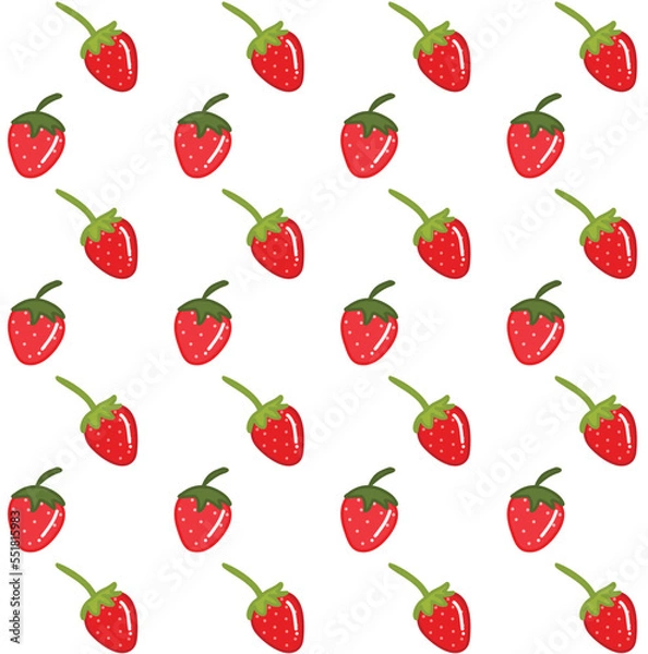 Fototapeta Seamless pattern of cute shiny strawberries. Hand drawn flat vector illustration isolated on white background. For textile print, wallpaper, wrapping paper, greeting card, gift 