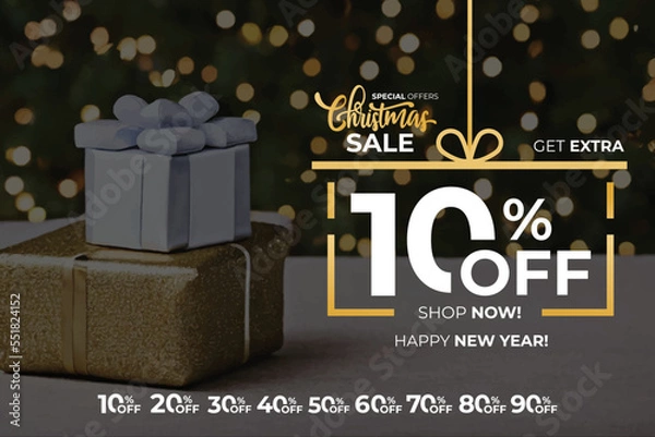 Fototapeta New year sale. Christmas sale label with sale precentage set. Horizontal posters, greeting cards, header, website. White gift and goldgift. Card or Christmas themed invitations.