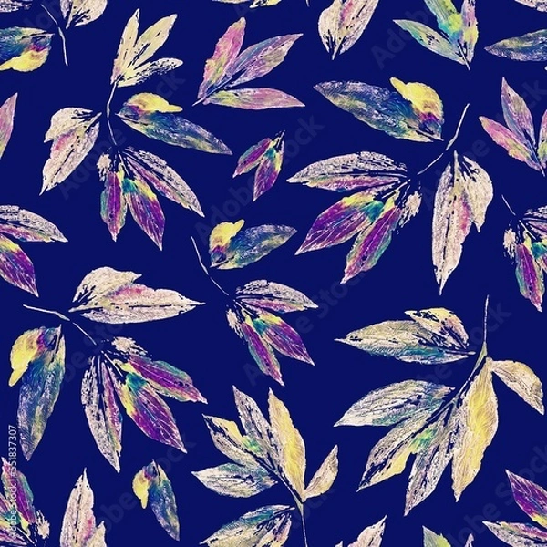Obraz Abstract  leaves, mix of prints, repeat seamless pattern. Digital hand drawing with hand painted texture. endless mixed. Background for header, image for blog, decoration. Wallpaper, textile design.