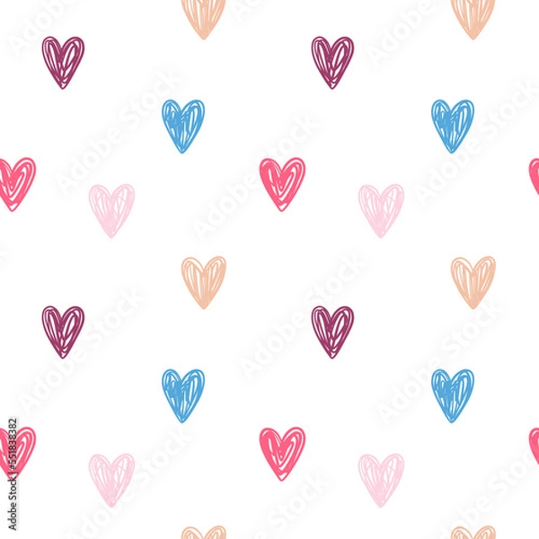 Obraz Vector seamless pattern with colored hearts on white background.  Hand drawn doodle style. Perfect for nursery fabrics, wrapping paper and wallpapers.