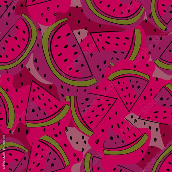 Fototapeta Bright summer background with watermelon. Hand drawing. Stylized