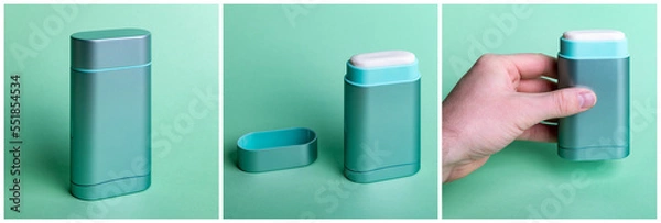Fototapeta Set of photographs of a deodorant in turquoise color design use. Object shot, opened case and hand holding the cosmetic product.