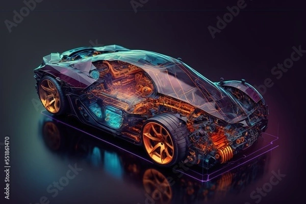 Fototapeta Supercar knolling parts transparent data visualization infographics display style. generative AI artwork that doesn't exist in real life.
