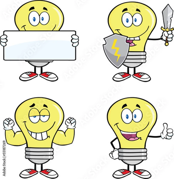 Obraz Yellow Light Bulb Cartoon Characters  Set Collection 12